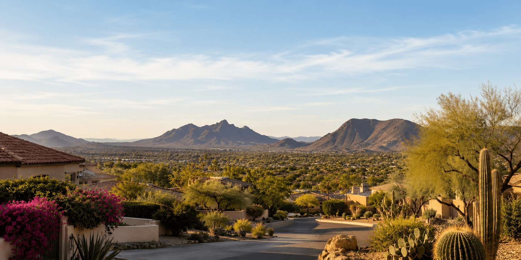 A Scottsdale golf course with palm trees, desert landscaping, and mountain views.