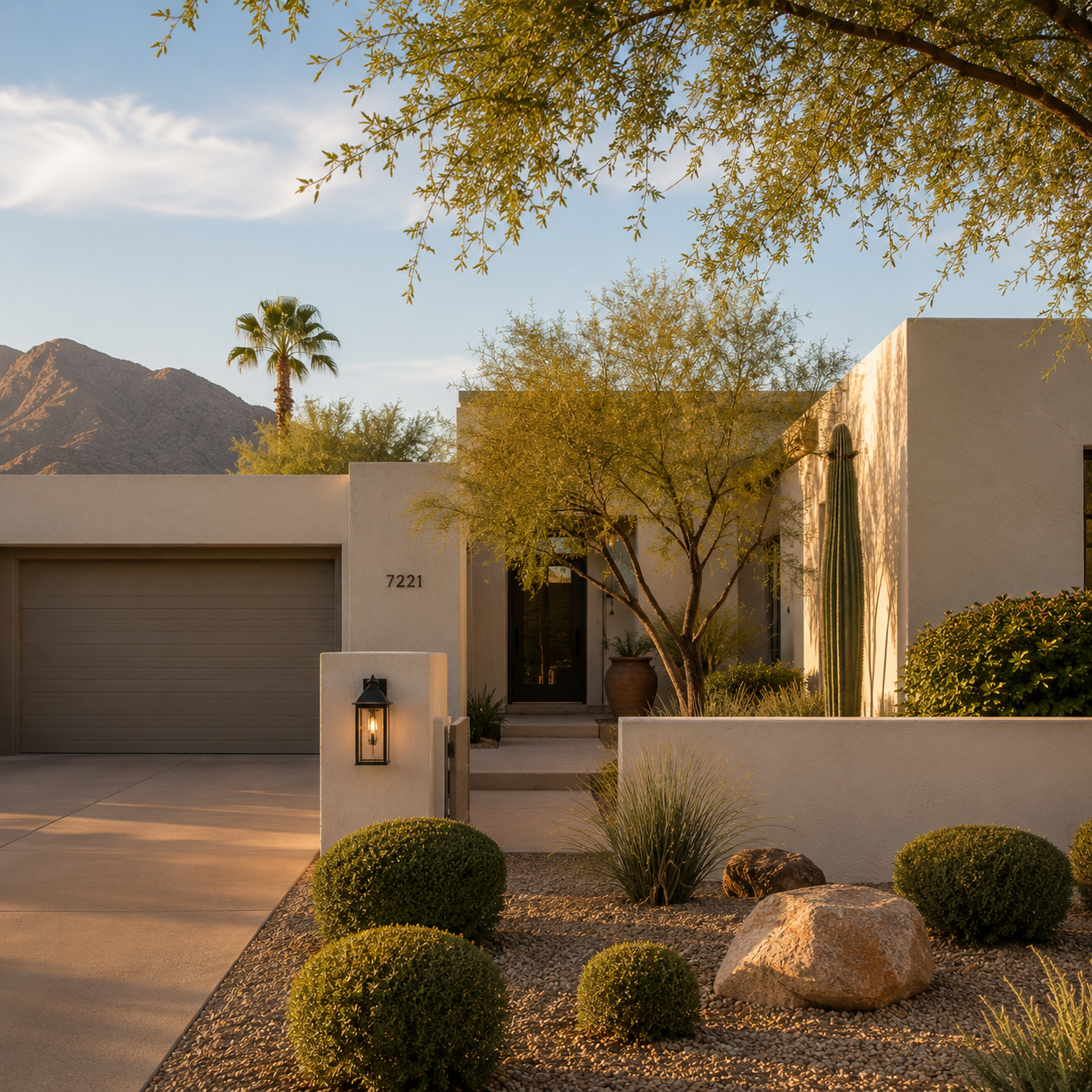 Scottsdale home exterior with desert landscaping, mountain views, and low-maintenance curb appeal.